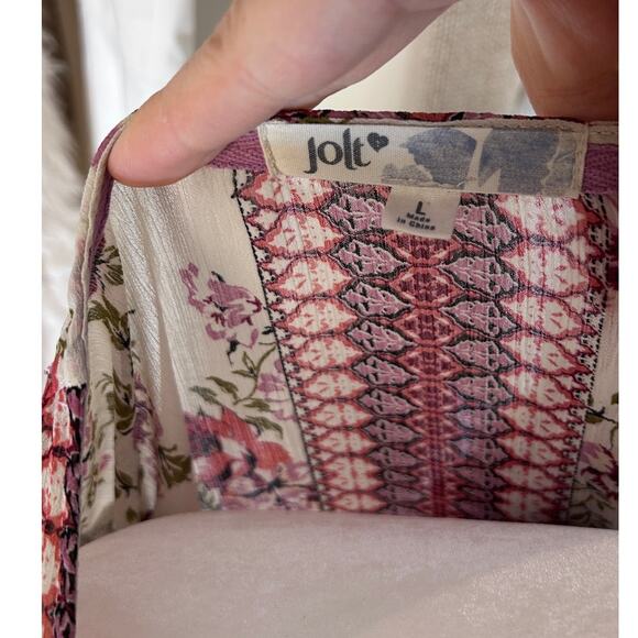 Jolt Womens Sz L Open Front Cream Floral Lace Trim Kimono, Cover Up Blouse #0169 - Picture 16 of 16